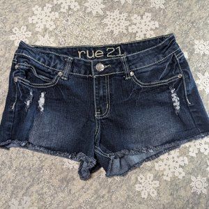 Rue 21 Denim Distressed Shorts Dark Blue Accentuated w/Bling - size 7/8